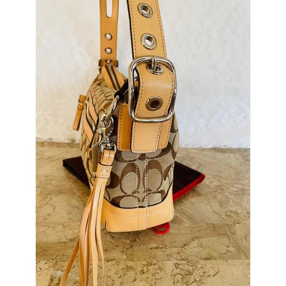 Vtg COACH signature canvas tan fabric convertible shoulder bag 9363 Y2K - Picture 6 of 10